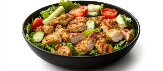 Fototapeta premium Healthy Caesar Salad with Grilled Chicken Cucumbers Tomatoes and Fresh Greens in Black Bowl on White Background with Copy Space