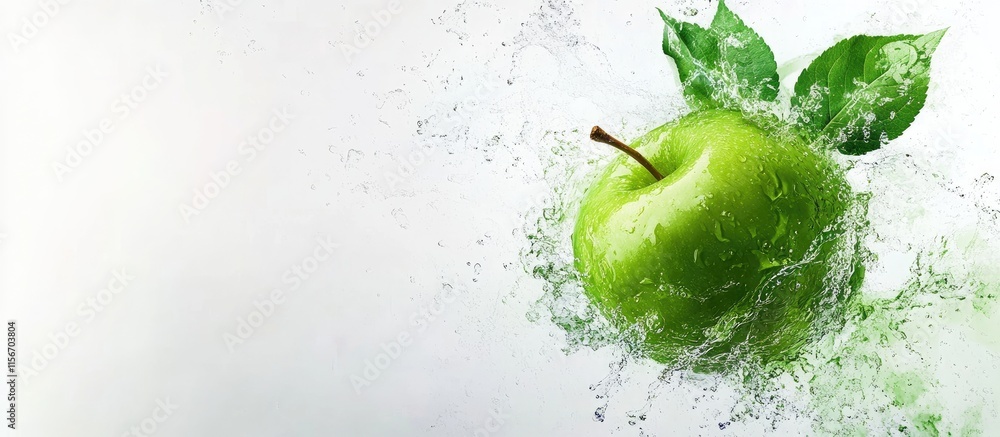 Poster fresh green apple splashing in clear water on a white background with ample negative space for text 