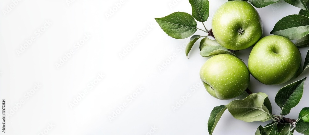 Poster fresh green apples with vibrant leaves on a white background featuring ample empty space for text an