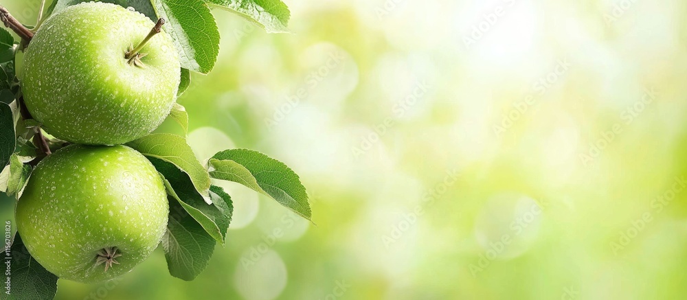 Poster ripe green apples on a tree branch surrounded by lush foliage with a soft blurred background and amp