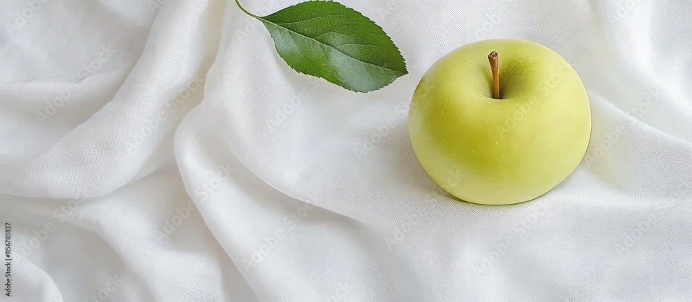 Poster green apple with leaf on soft white fabric representing freshness and purity with ample negative spa