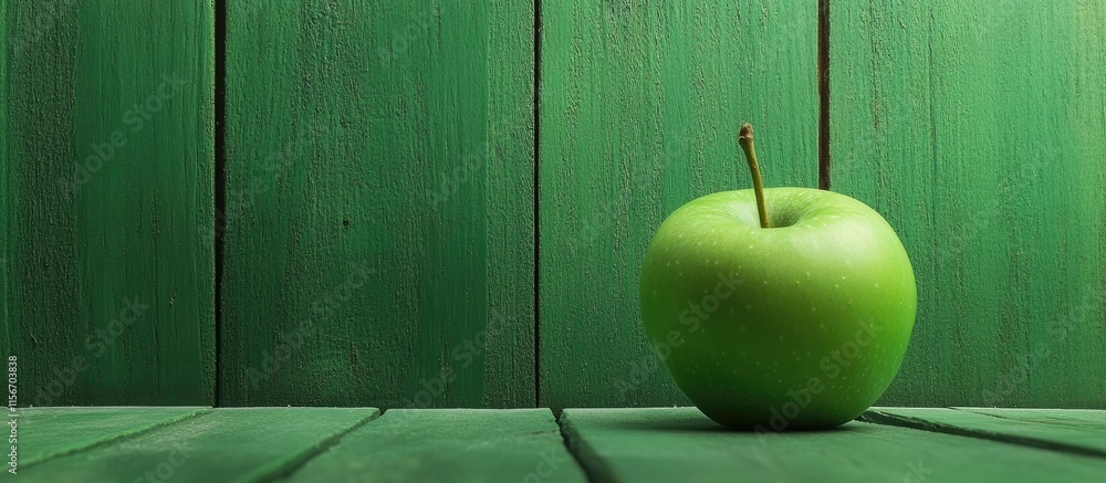 Poster green apple positioned on a green wooden surface with ample empty space for text or marketing messag
