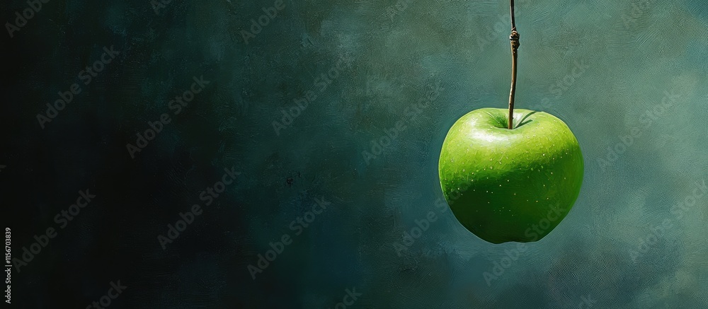Poster green apple suspended in dark background with empty space for text showcasing freshness and simplici