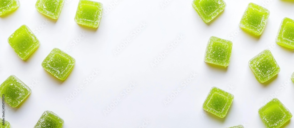 Poster green apple gummy candy squares arranged on a white background creating an inviting space for text a