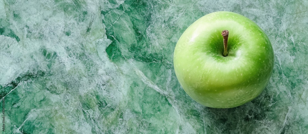 Poster green apple on smooth green marble background with ample space for text and design elements for mode