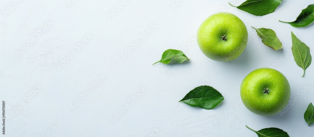 Poster fresh green apples with leaves arranged on a clean white background ideal for text placement and cre