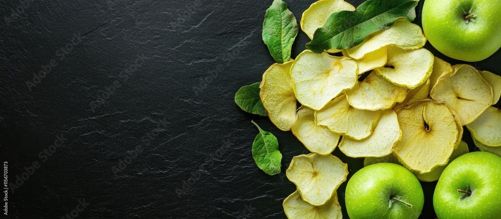 Aufkleber dried green apple chips and fresh apples on a black surface with ample space for text and design ele