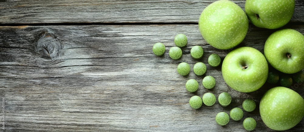 Poster green apple vitamin chews arranged on rustic wooden background with ample empty space for text and d