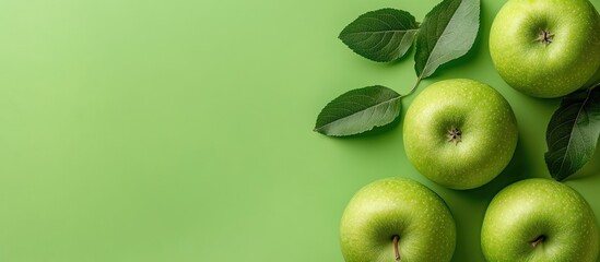 Fresh green apples with leaves on vibrant green background creating empty space for text or graphics in healthy food concept.