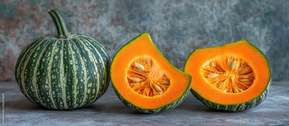 Poster colorful green and orange pumpkins display on a gray stone surface with ample empty space for season