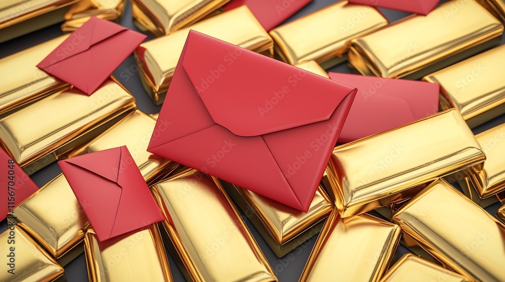 Poster luxurious 3d of gold ingots and traditional red envelopes arranged on a clean background providing a