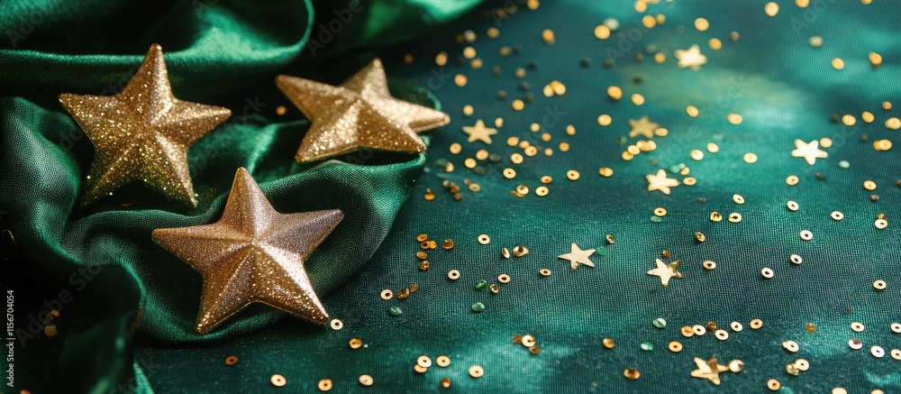 Poster green and gold sequin stars on silky fabric with painted spots and ample empty space for festive tex