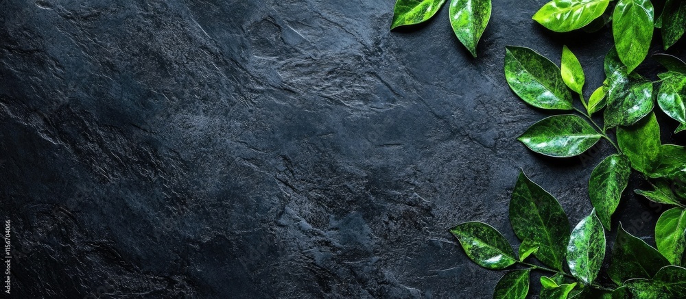 Poster elegant green and black textured background featuring polished leaves with ample copy space for text
