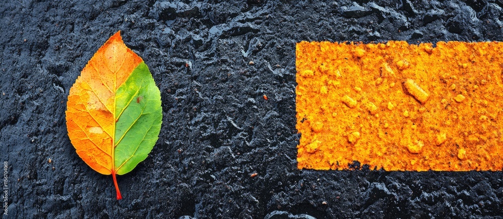 Poster wet road with green and orange leaf highlighting light perspective and ample space for text or desig