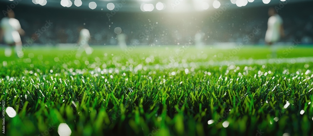 Poster vibrant artificial grass perspective with blurred soccer players on field and spacious area for text