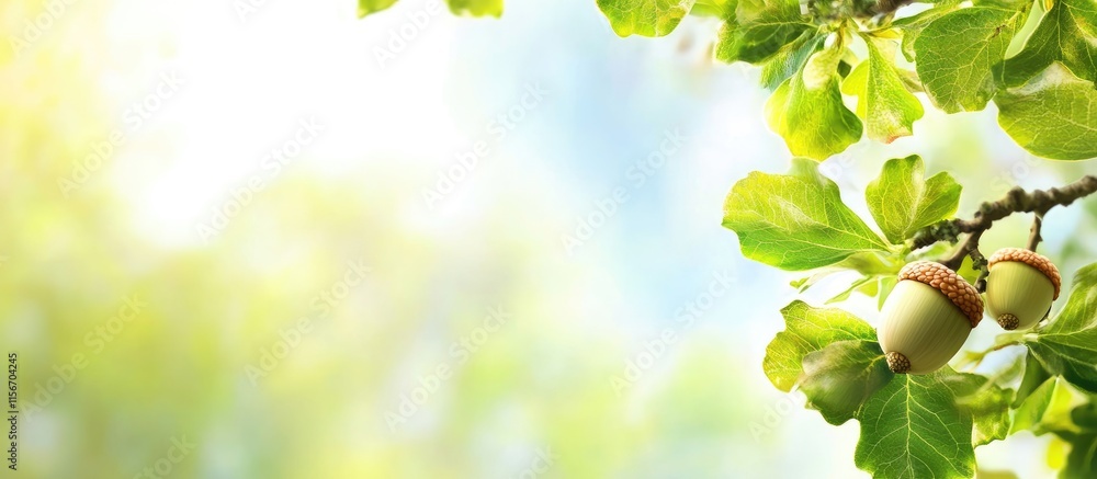Aufkleber green acorn on oak tree branch in spring atmosphere with blurred background and space for text or pr