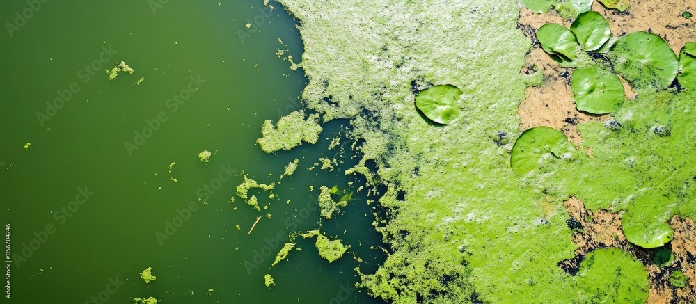 Poster abstract green algae texture with brown patches and empty space for text in a natural water environm