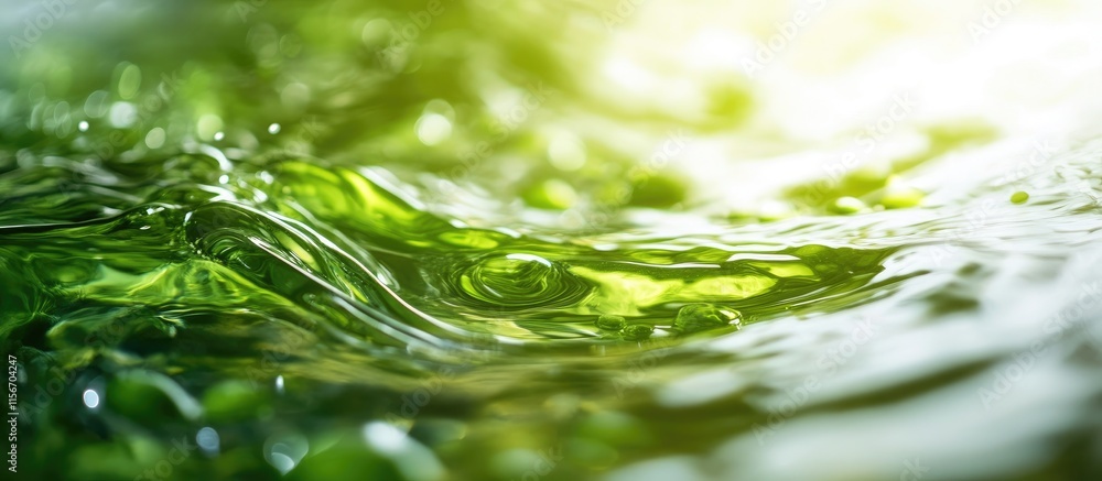 Poster green algae in water showcasing biofuel growth potential with ample space for text and design elemen