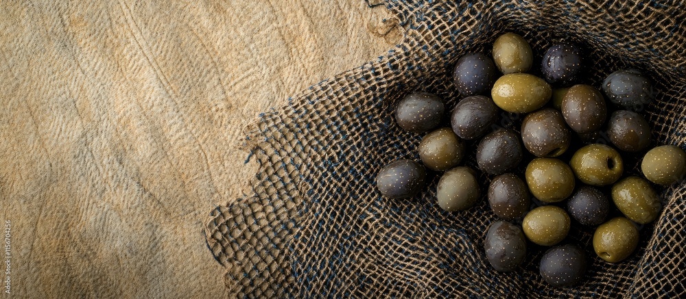 Poster freshly harvested olives on a textured burlap cloth with ample empty space for text or graphic desig