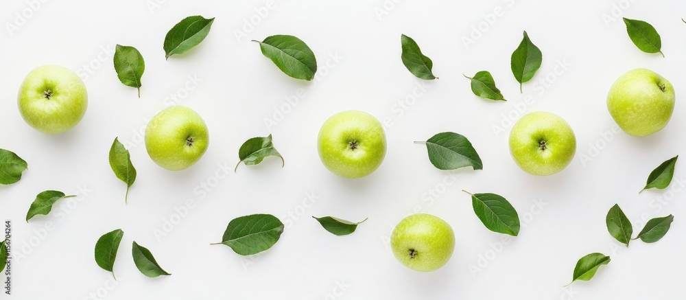 Poster fresh green apples with leaves arranged on white background with blank space for text overlay in cul