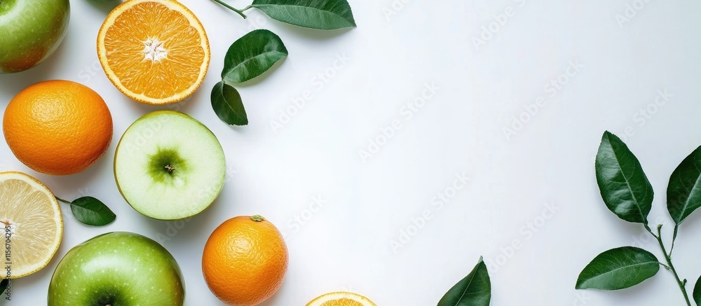 Poster fresh green apple and orange slices on white background with copy space for text and decorated with 