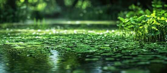 Fototapeta premium Lush green algae on freshwater wetlands showcasing aquatic biodiversity with clear space for text placement