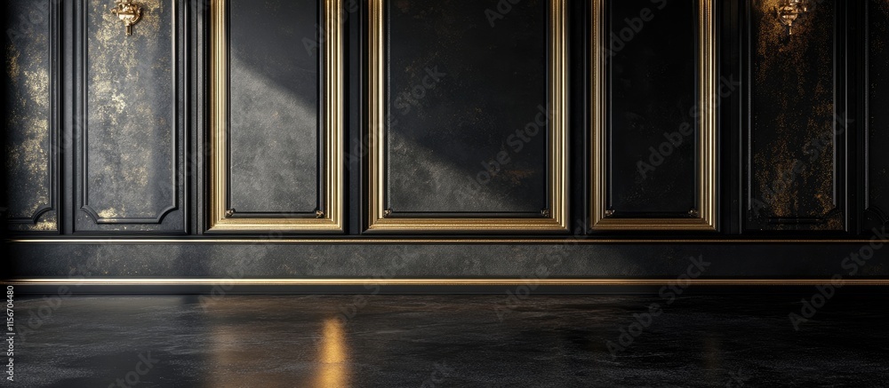 Poster luxurious interior design featuring gold and black color scheme with ample empty space for text and 
