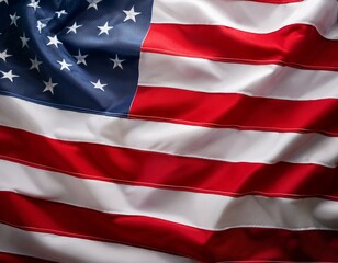  A close up of the US flag waving in the wind for Memorial Day or 4th of July