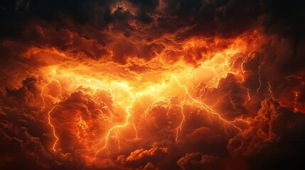 Storm warning: Weather background banner with a stunning orange lightning storm and ominous clouds in the sky -