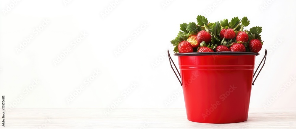 Aufkleber fresh strawberries in a red bucket with empty space for text and marketing promotions on a bright ba