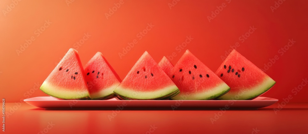 Poster elegant watermelon slices arranged on modern plates with vibrant backdrop and ample space for text o