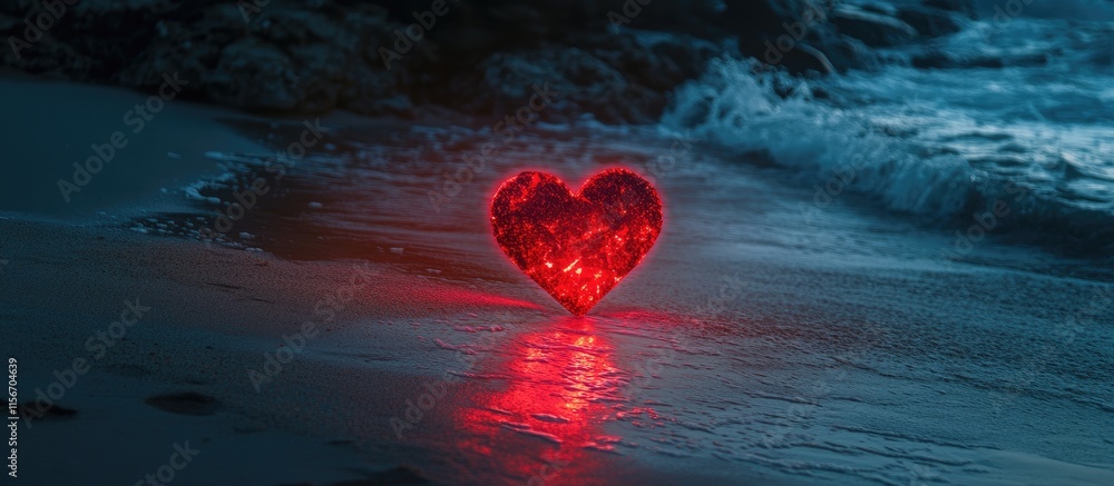 Poster glowing red heart shape on the beach at dusk with waves crashing and space for text or message in a 