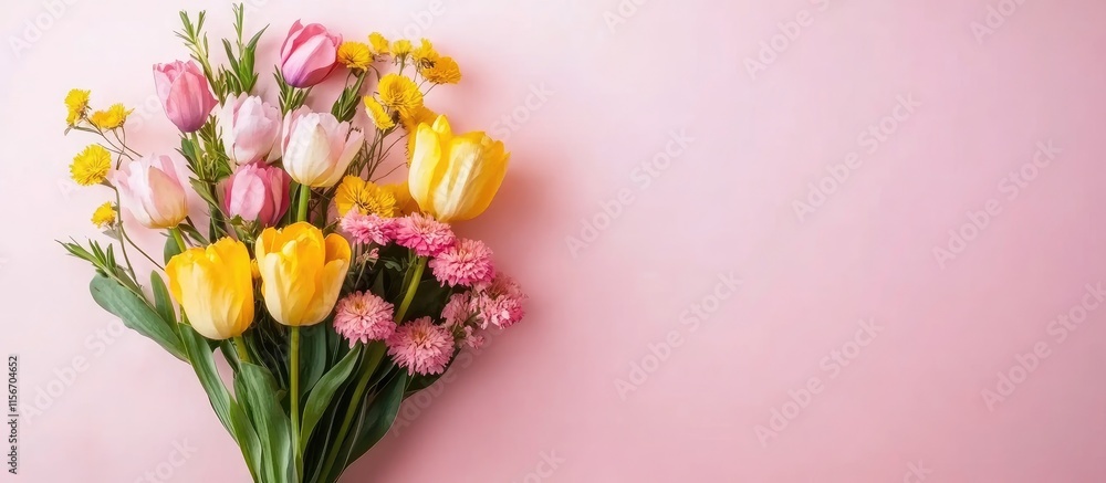 Poster spring flower bouquet on soft pink background with blank space for text and design elements