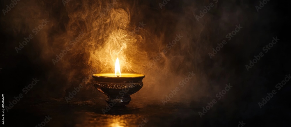 Poster glowing oil lamp illuminating darkness with smoke and warm tones creating a serene atmosphere for te