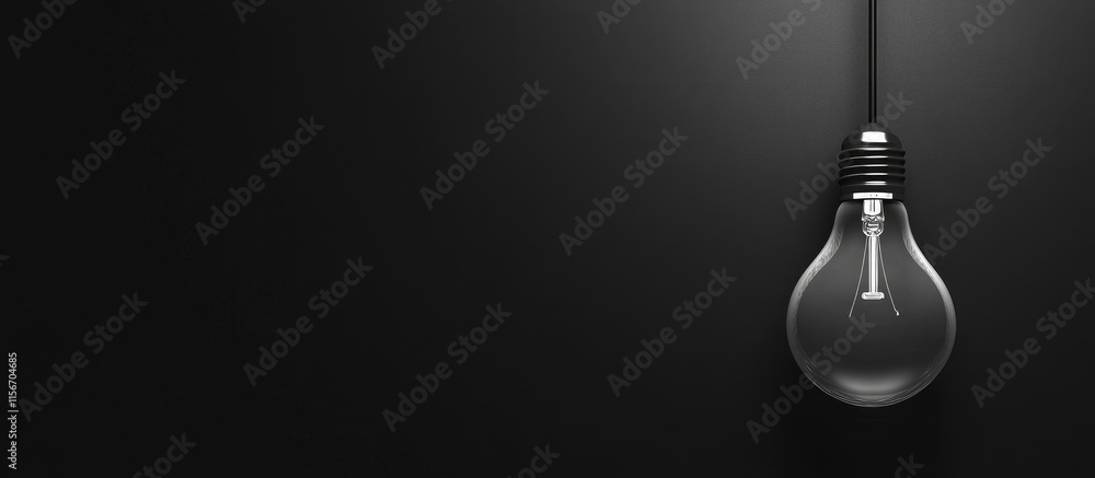 Poster illuminated light bulb hanging in dark space creating an empty area for customizable text and design