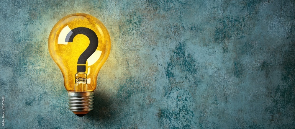 Poster illuminated yellow light bulb featuring a question mark against a textured background with ample spa