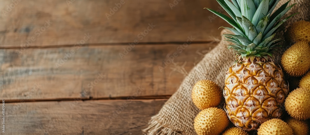 Aufkleber freshly harvested pineapple and longan on rustic wooden table with space for custom text or marketin