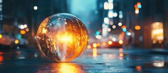 Glowing transparent sphere on urban street at night with vibrant bokeh lights creating a mystical atmosphere and space for text placement