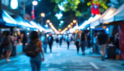 Obraz premium A vibrant street festival portrayed in a blurred image, showcasing throngs of people strolling through the city