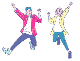 元気にジャンプする大人の男女