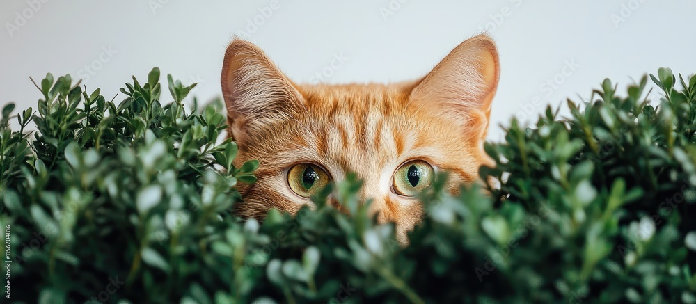 Poster ginger cat peeking through green bushes with ample empty space for text and marketing messages. idea