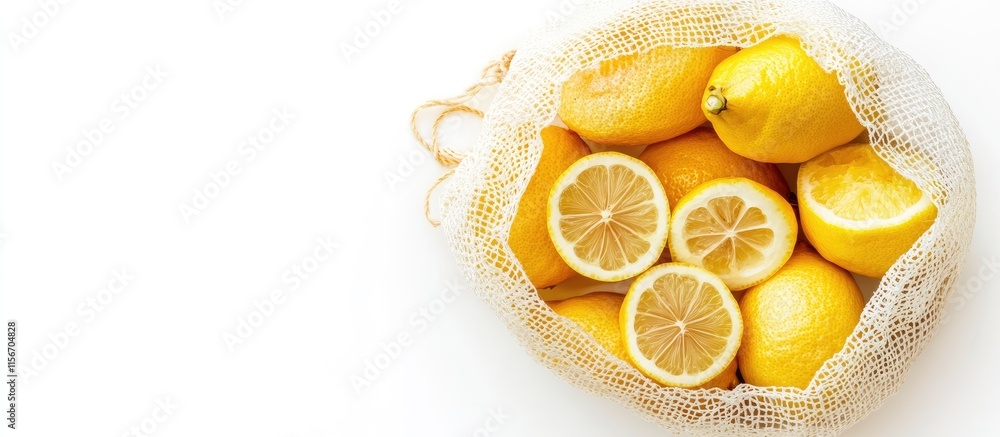 Poster ginger and lemon slices in natural mesh bag on white background with space for text or branding