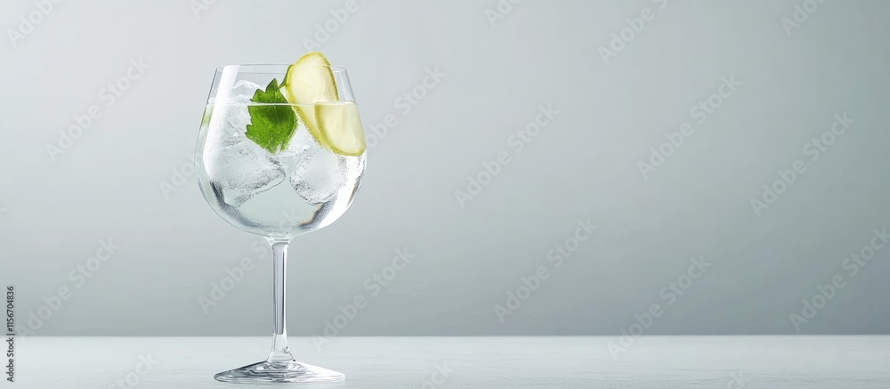 Poster refreshing gin and tonic cocktail in glass with ice and garnish ideal for promotional use with empty