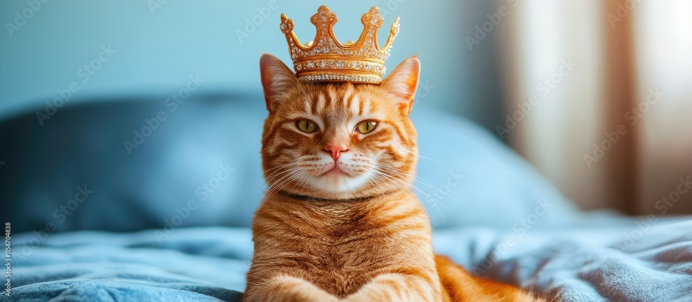 Poster ginger cat in royal attire with crown posing on bed with empty space for custom text or message in a
