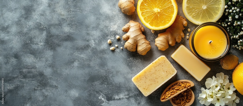 Poster ginger candle soap bars and potpourri arranged on gray background creating a serene home spa ambianc