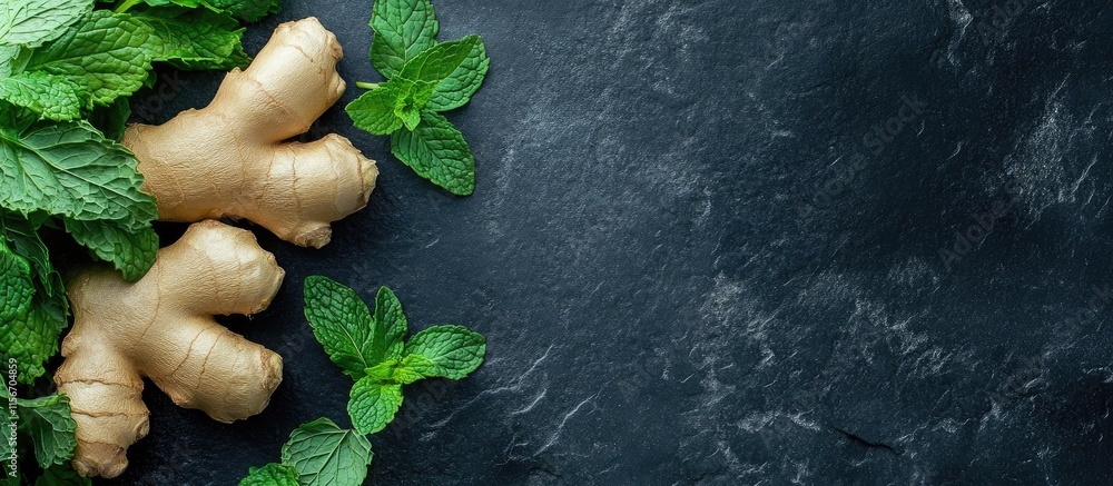 Poster ginger root and fresh mint leaves arranged on dark stone background with empty space for text and cu