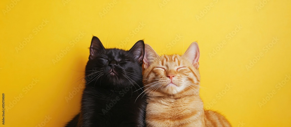 Poster ginger and black cats smiling together on a vibrant yellow background with ample space for custom te