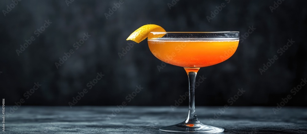 Poster refreshing gin cocktail garnished with lime slice and orange bitters on dark textured background wit