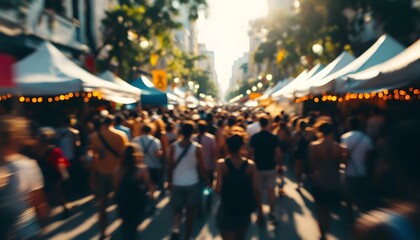 Obraz premium People of all ages stroll through a bustling street festival, surrounded by festive decorations and lively atmosphere