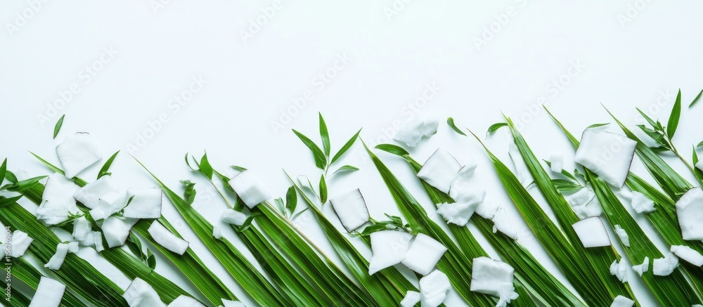 Poster coconut pieces and green palm leaves arranged on a white background with ample negative space for te